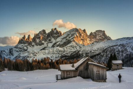 clouds, dawn, mountains, nature, snow, the sky, tops