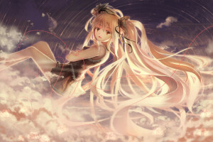 art, des nuages, fille, Hatsune Miku, tangjinhang, larmes, Le ciel, fil