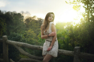 dress, girl, leaves, pose, summer, the sun, trees