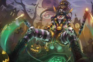 Akali, art, girl. mask, League of Legends, look, skull, weapons