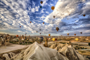 balónik, Cappadocia, mraky, hory, skaly, obloha, Turecko