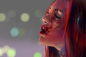 blood, BloodRayne, girl, look, red hair. profile. fangs