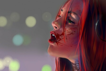 кровь, BloodRayne, девушка, смотреть, красные волосы. профиль. клыки