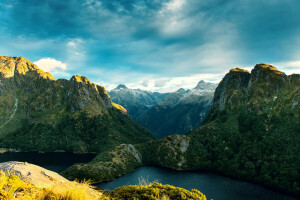 fjords, montagnes, Nouvelle-Zélande, rochers