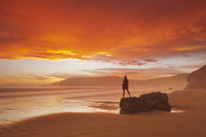 playa, amanecer, niña, paisaje, El océano