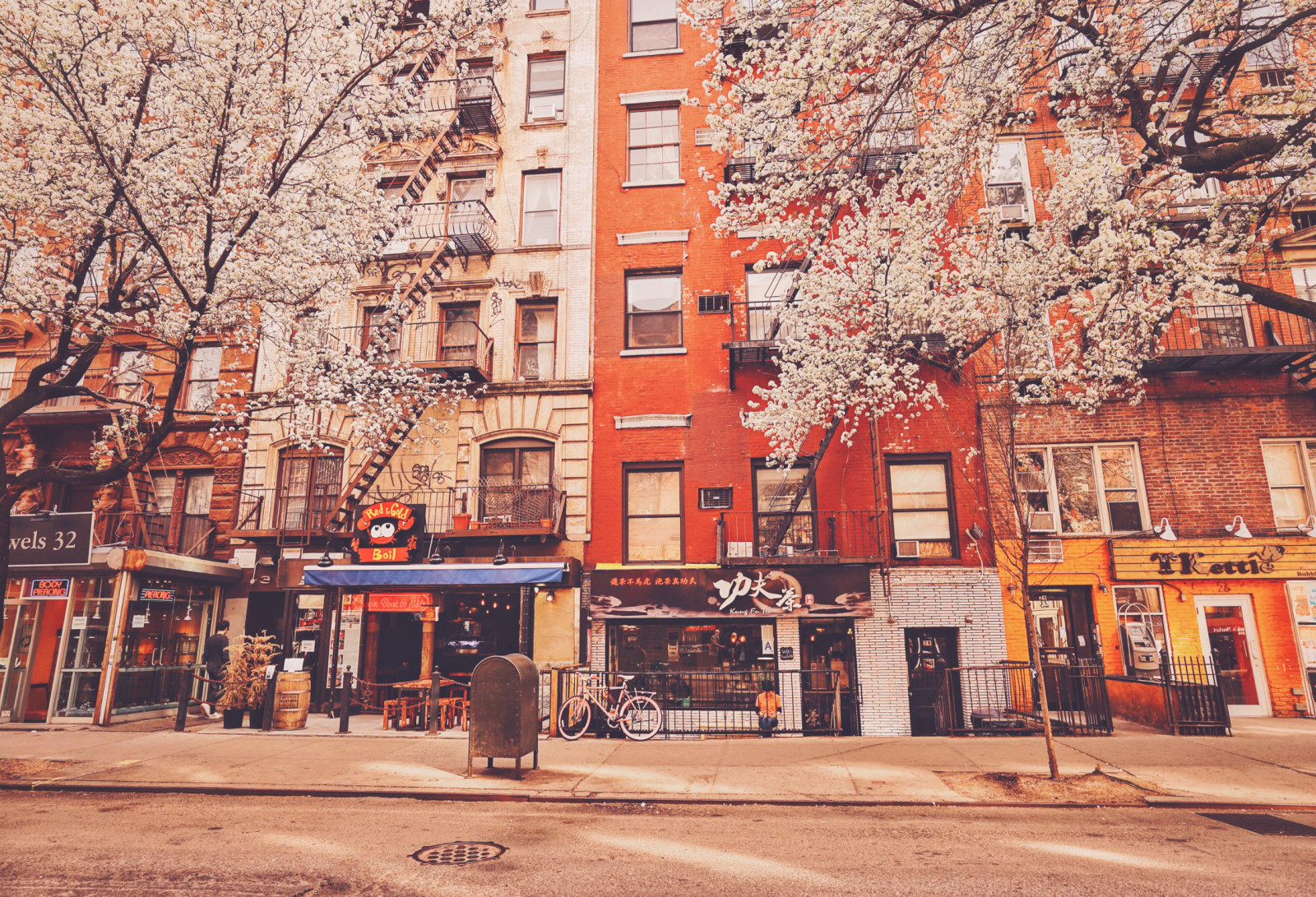 des arbres, bâtiment, New York, appartements, magasins