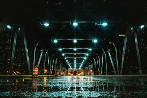 Bridge, lights, night, the city