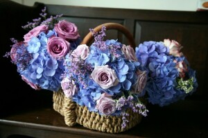 panier, fleurs, hortensia, des roses