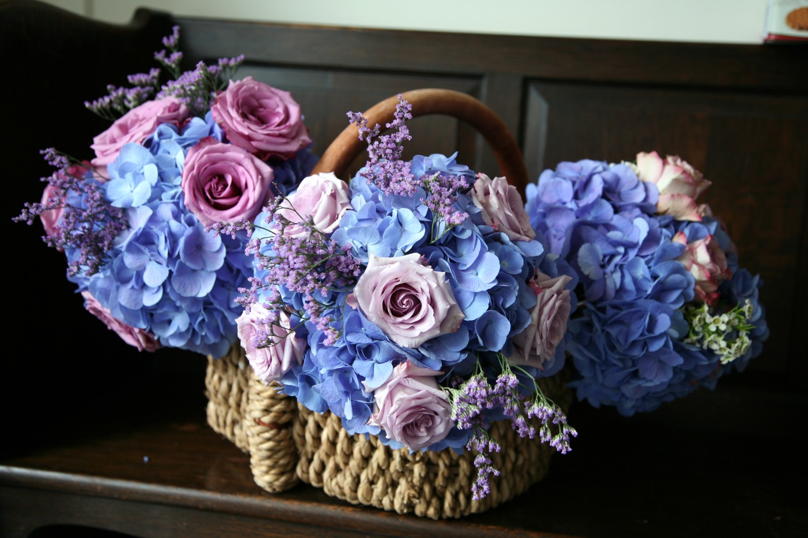 des roses, fleurs, panier, hortensia