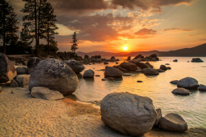 lago, paisaje, arena, apuntalar, piedras, puesta de sol