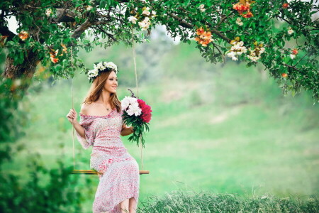 girl, summer, swing