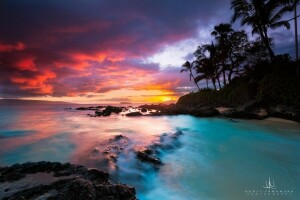 Hawaii, Kenji Yamamura, otrov Maui, palme, fotografo, Secret Beach, tramonto