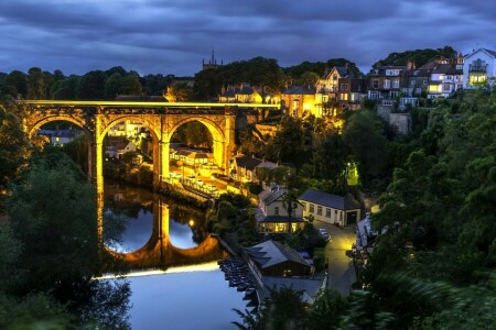 Bridge, building, England, home, Knaresborough, night city, North Yorkshire, reflection