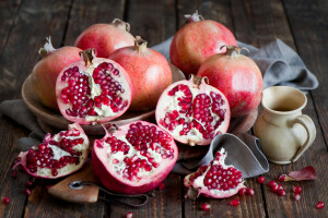 autumn, Board, dishes, fruit, grain, grenades, leaves, Still life