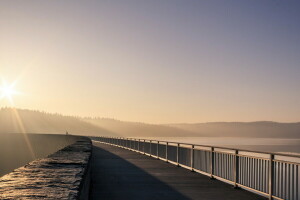 Pont, paysage, lumière, Matin