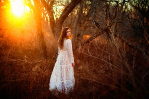 robe, forêt, fille, le soleil