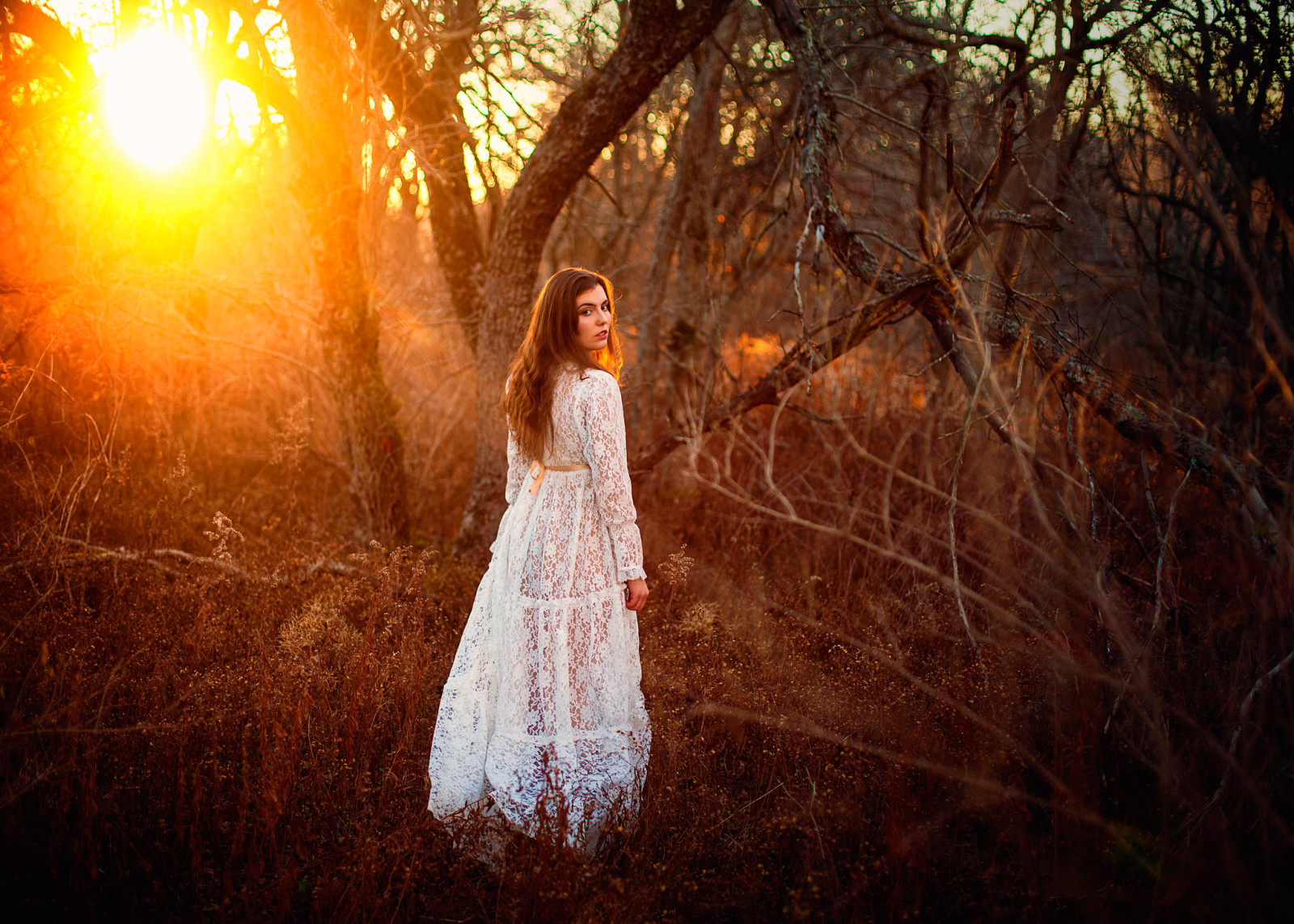 forest, girl, dress, the sun