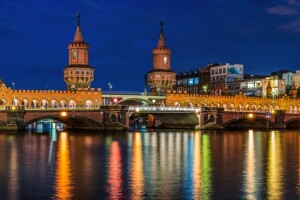 contre-jour, Berlin, Pont, Capitale, Allemagne, éclairage, lumières, Oberbaum