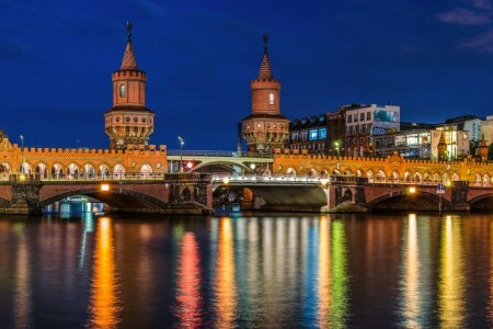 подсветка, Берлин, Мост, столица, Германия, осветительные приборы, огни, Oberbaum