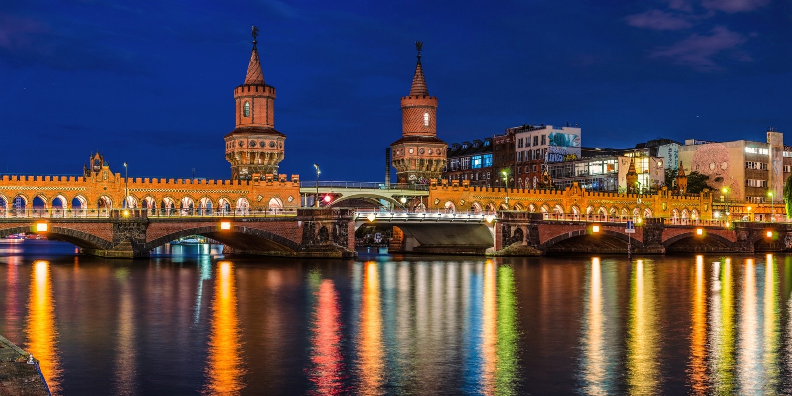 la ville, rivière, route, lumières, Allemagne, contre-jour, Pont, éclairage