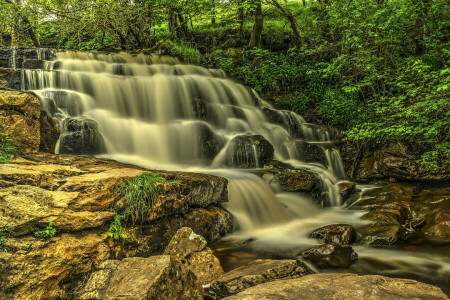 Cascade, forêt, rivière, rochers, des pierres, courant, des arbres, cascade