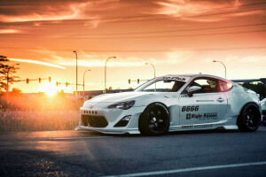 bil, sol, solnedgang, Toyota GT86, tuning, hvit