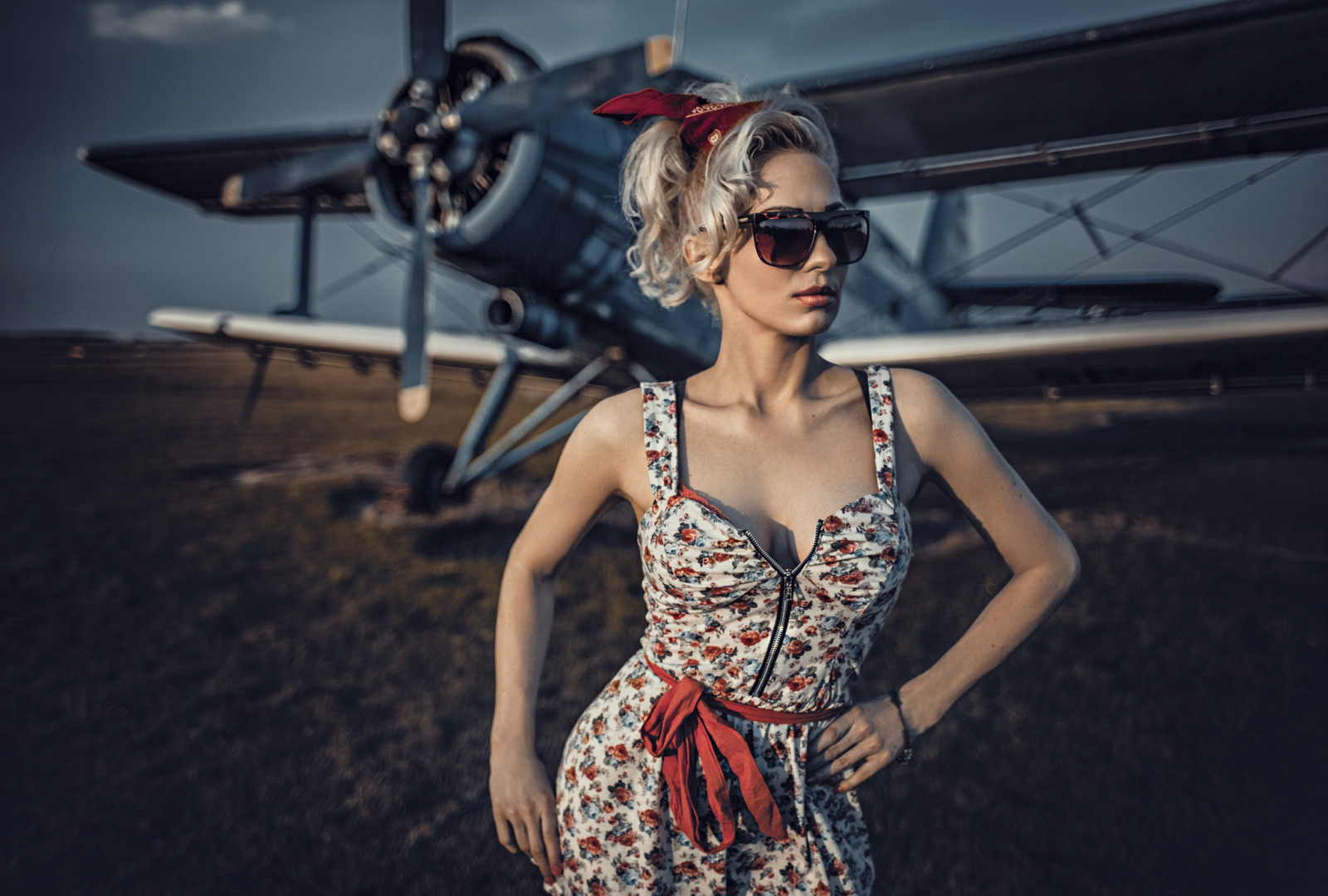 model, glasses, the plane, Biplane, sundress