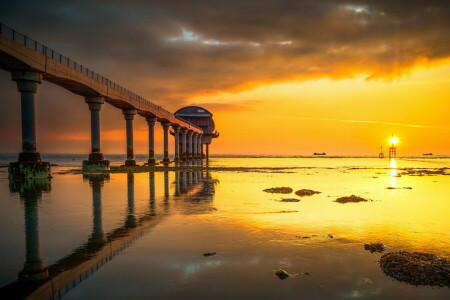 Strand, Bembridge, morgen, pierce, redningsstasjon, Tidevann