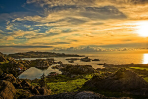 skyer, kyst, hus, landskap, natur, panorama, solnedgang