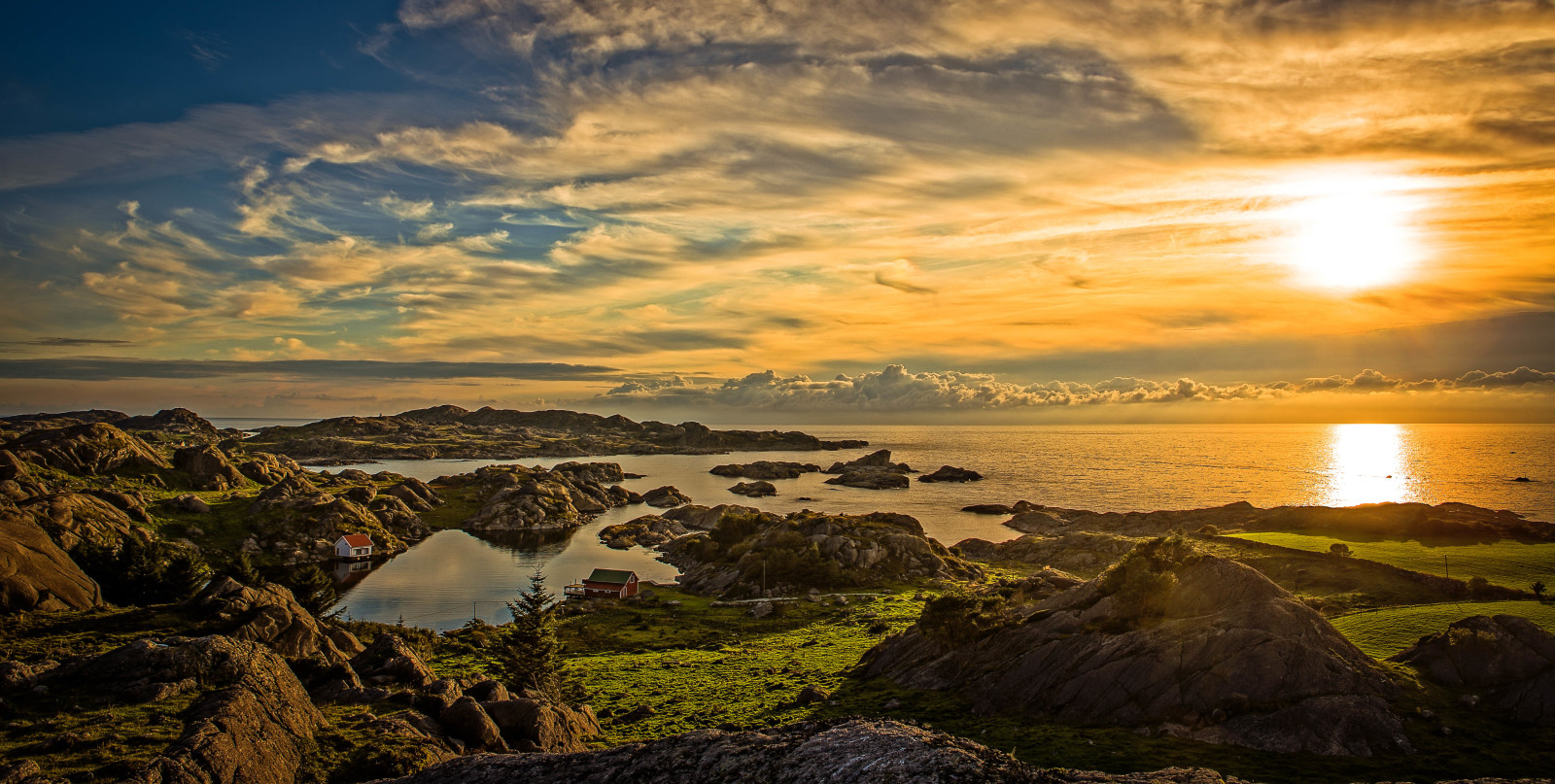 natur, solnedgang, landskap, skyer, panorama, kyst, hus