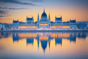 budapest, Ungern, morgon-, Parlament, reflexion, staden