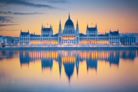 budapest, Ungern, morgon-, Parlament, reflexion, staden