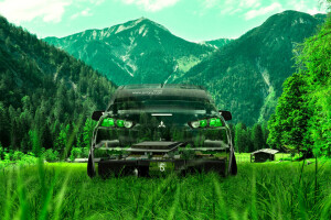 crystal, el Tony Cars, Evolution, grass, green, Lancer, mountains, nature