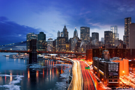 luzes, Manhattan, Nova york, a cidade, a noite, EUA, inverno