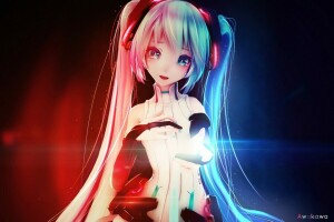 Anime, sztuka, awakawayui, dziewczyna, dłoń, hatsune miku, uśmiech, vocaloid