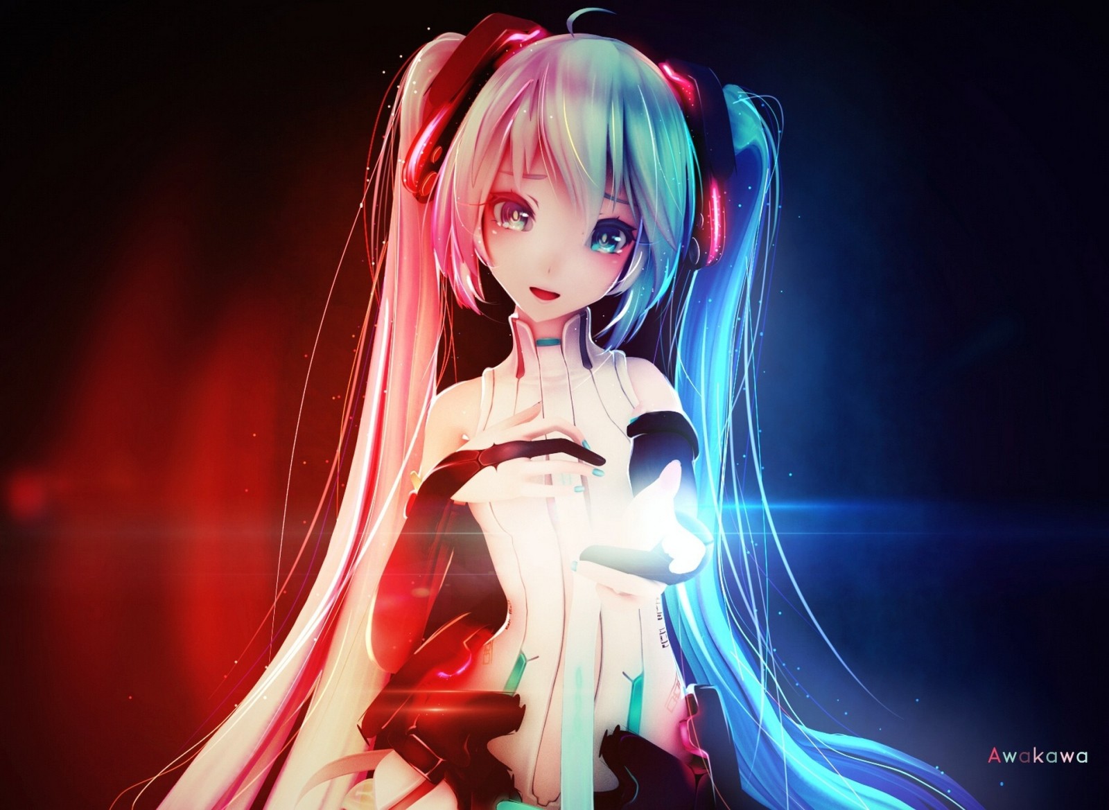 kéz, lány, mosoly, Művészet, anime, Vocaloid, hatsune miku, awakawayui