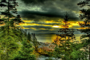 nubes, HDR, lago, la noche, el cielo, arboles