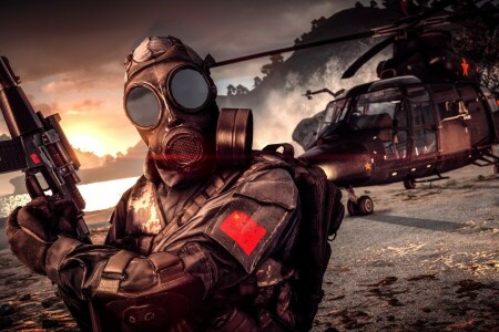 background, Battlefield 4, gas mask, helicopter, Soldiers, weapons