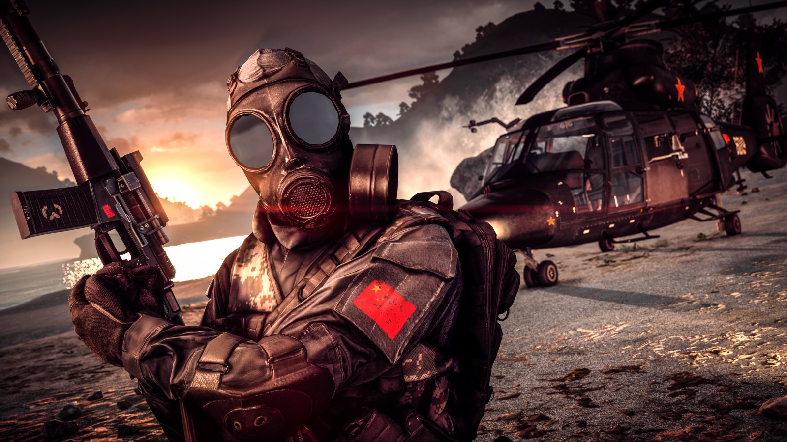 bakgrund, vapen, helikopter, soldater, gasmask, Battlefield 4