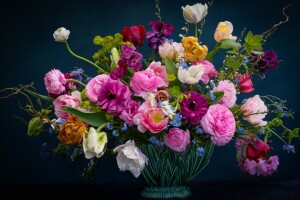 bakgrunn, bukett, Erysimum, blomster, Ranunculus, roser, tulipaner, vase