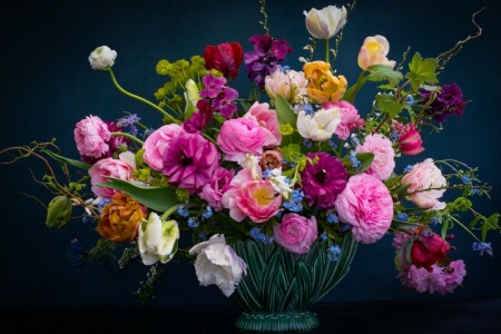 baggrund, buket, Erysimum, blomster, Ranunculus, roser, tulipaner, vase