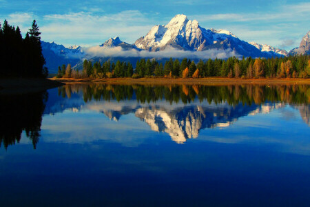 otoño, nubes, niebla, lago, montañas, reflexión, río, el cielo