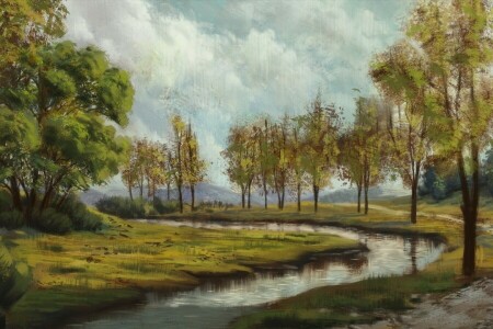 clouds, painted landscape, river, trees