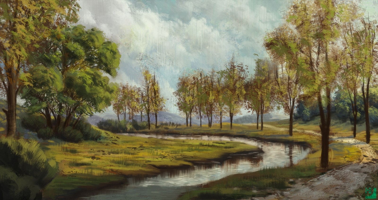 río, arboles, nubes, paisaje pintado