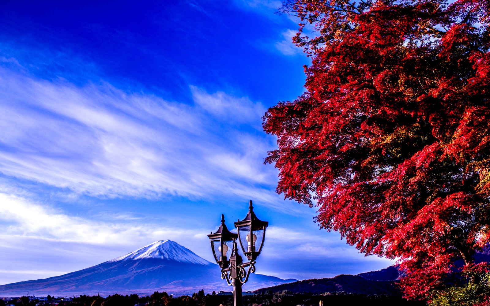 drzewo, niebo, Góra, Japonia, latarnia, Fuji