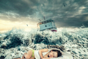 fille, navire, sommeil, le surf