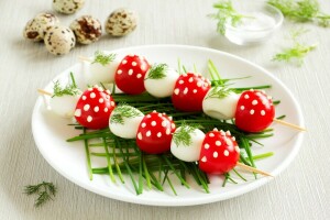 Cerise, des œufs, nourriture, légumes verts, Caille, tomates