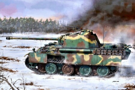 Promedio, Alemania, Pantera, Pz.Kpfw.V ausf G, fumar, nieve, tanque