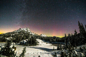 Skov, landskab, bjerge, Rainier National Park, sne, stjerner, vinter