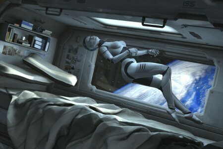 bed, cabin, cyborg, earth, Fiction, gravity, robot, space